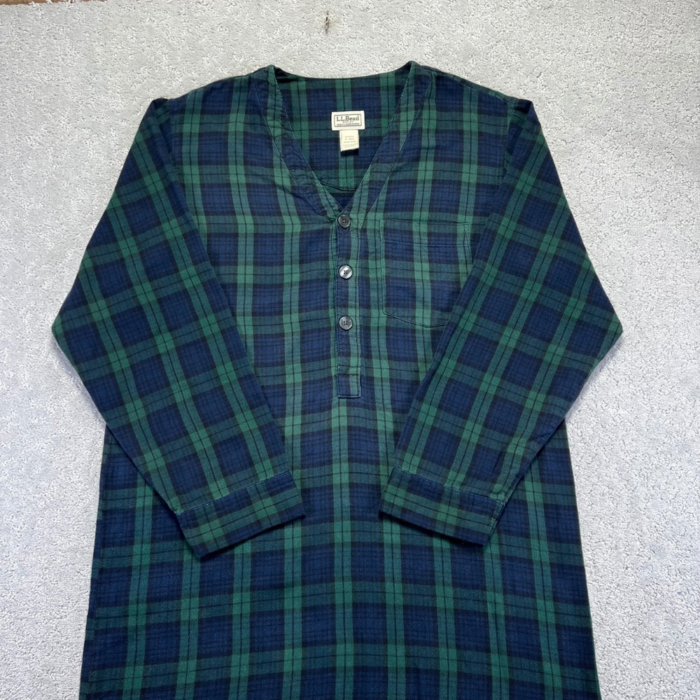 VINTAGE LL Bean Night Shirt Size L Green Blue Plaid Longsleeve Henley Pajama - Picture 2 of 16